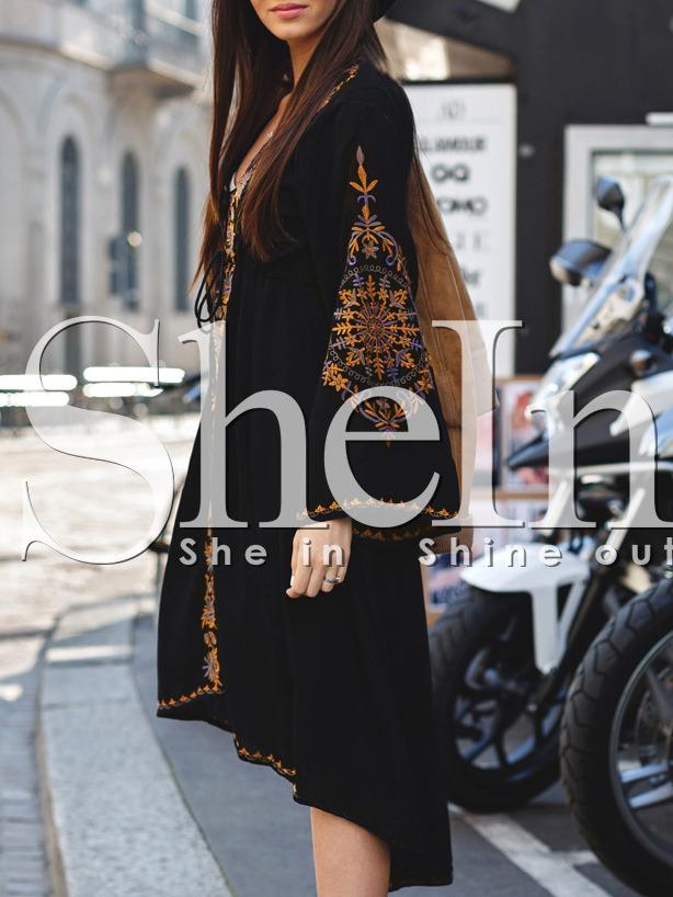 Shein Black Bell Sleeve Tribal Print Dress