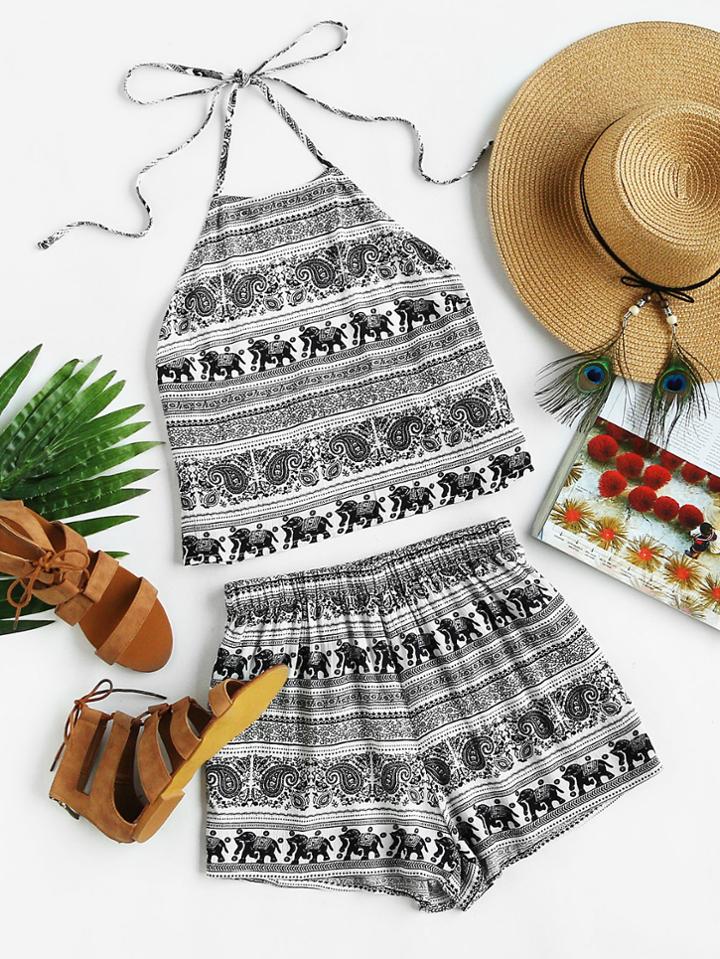 Shein Mixed Print Self Tie Halter Top And Shorts Set