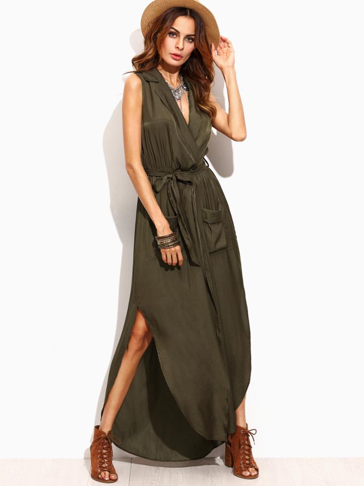 Shein Army Green Lapel Tie Waist Split Side Maxi Dress