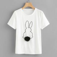 Shein Rabbit Print Faux Fur Pompom Detail Tee