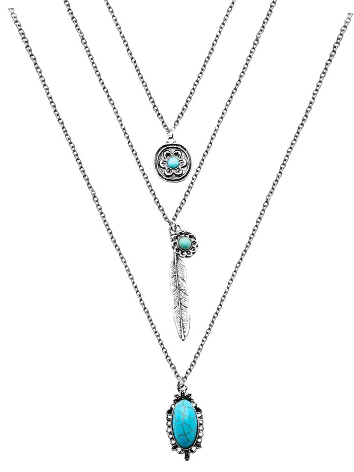 Shein Antique Silver Layered Turquoise Vintage Pendant Necklace