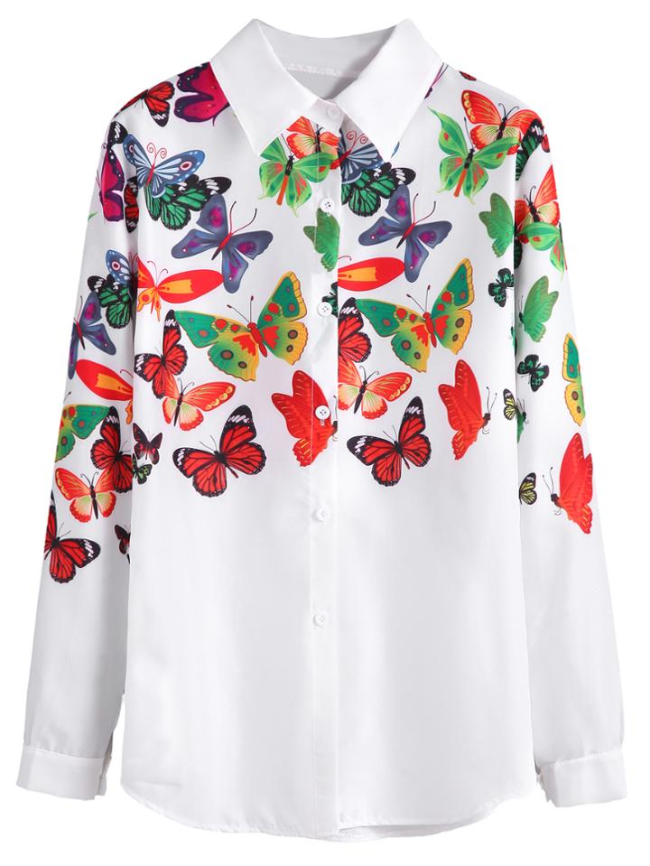 Shein White Butterfly Print Shirt