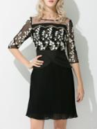 Shein Black Sheer Gauze Embroidered Pleated Dress