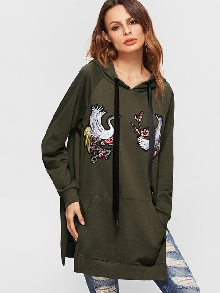 Shein Army Green Cranes Embroidery Split Side Drawstring Hooded Sweatshirt