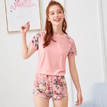 Shein Raglan Sleeve Curved Hem Top & Floral Shorts Pj Set