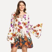 Shein Plus Trumpet Sleeve Lace Up Neck Botanical Dress