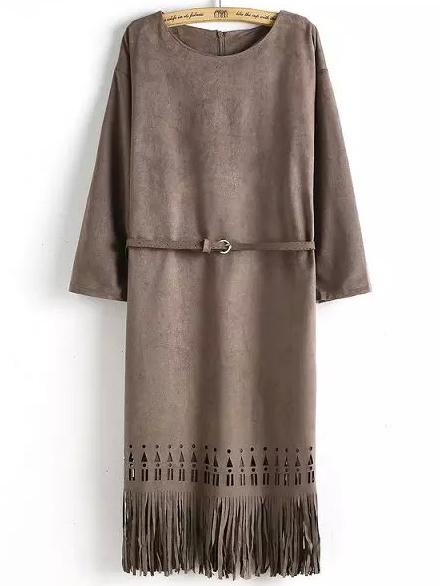 Shein Coffee Round Neck Hollow Tassel Fringed Dress