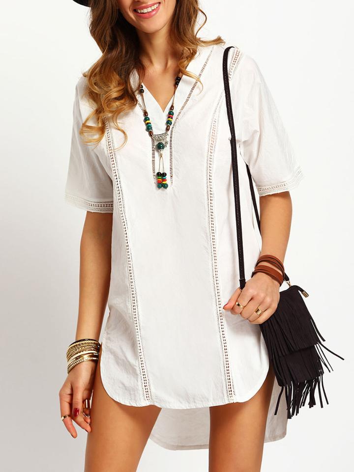 Shein White V Neck Hollow High Low Dress