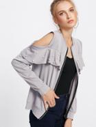 Shein Open Shoulder Pearl Frill Trim Jacket