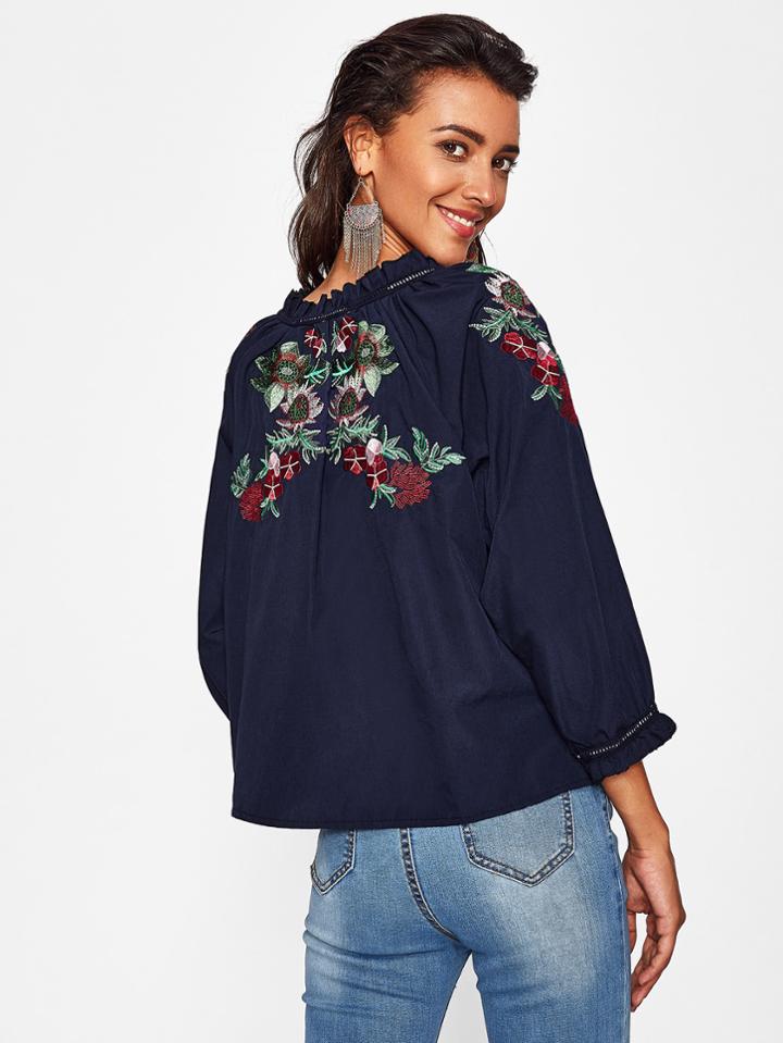 Shein Botanical Embroidered Tie Neckline Blouse