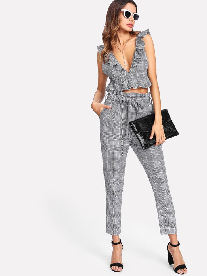 Shein Ruffle Deep V Neck Top & Self Belt Pants Set