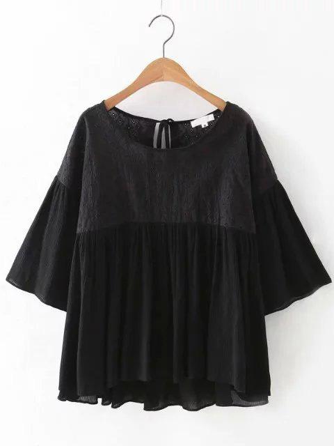 Shein Black Bell Sleeve Embroidered Tie Back Blouse