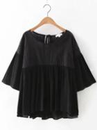 Shein Black Bell Sleeve Embroidered Tie Back Blouse