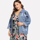Shein Plus Butterfly Embroidered Ripped Denim Jacket
