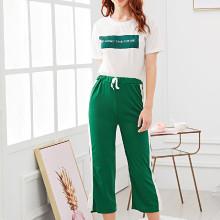 Shein Letter Print Top & Drawstring Waist Pants Pj Set