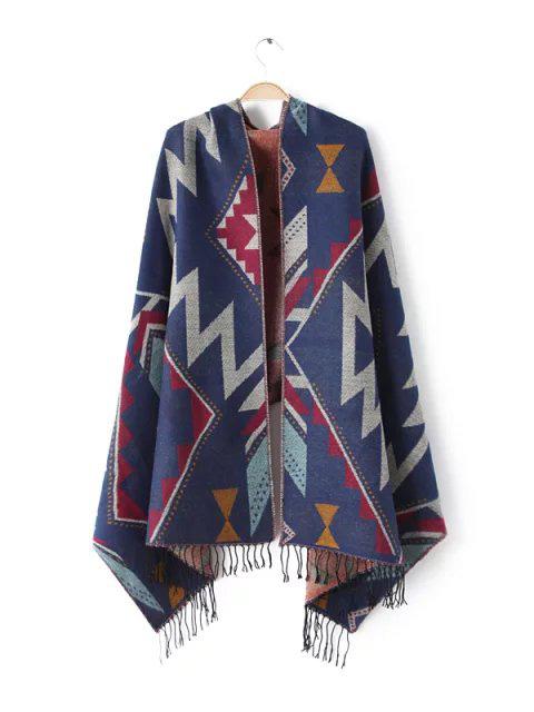 Shein Navy Geometric Print Fringe Edge Scarf