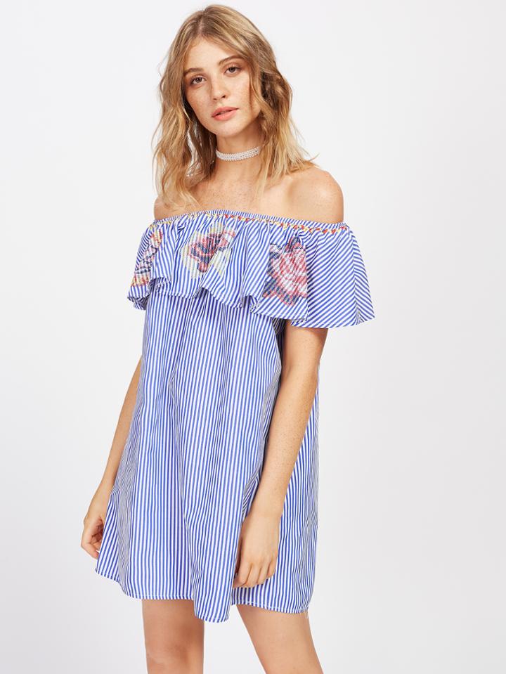 Shein Cross Stitch Embroidery Frill Bardot Dress