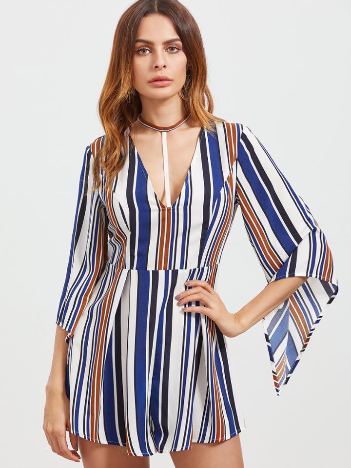 Shein Multi Stripe T Strap Halter Plunge Neck Romper