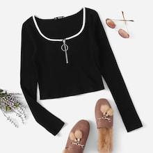 Shein Zip Front Ribbed Knit Crop Tee