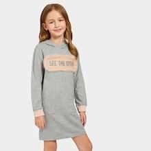 Shein Girls Contrast Faux Fur Detail Letter Hooded Dress