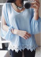 Rosewe Light Blue Slit Sleeve Lace Splicing Blouse