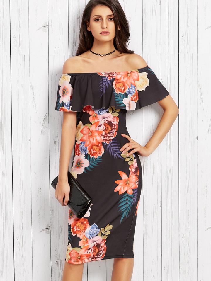 Shein Black Floral Print Off The Shoulder Back Slit Dress