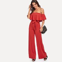 Shein Off Shoulder Tiered Self Tie Waist Jumpsuit