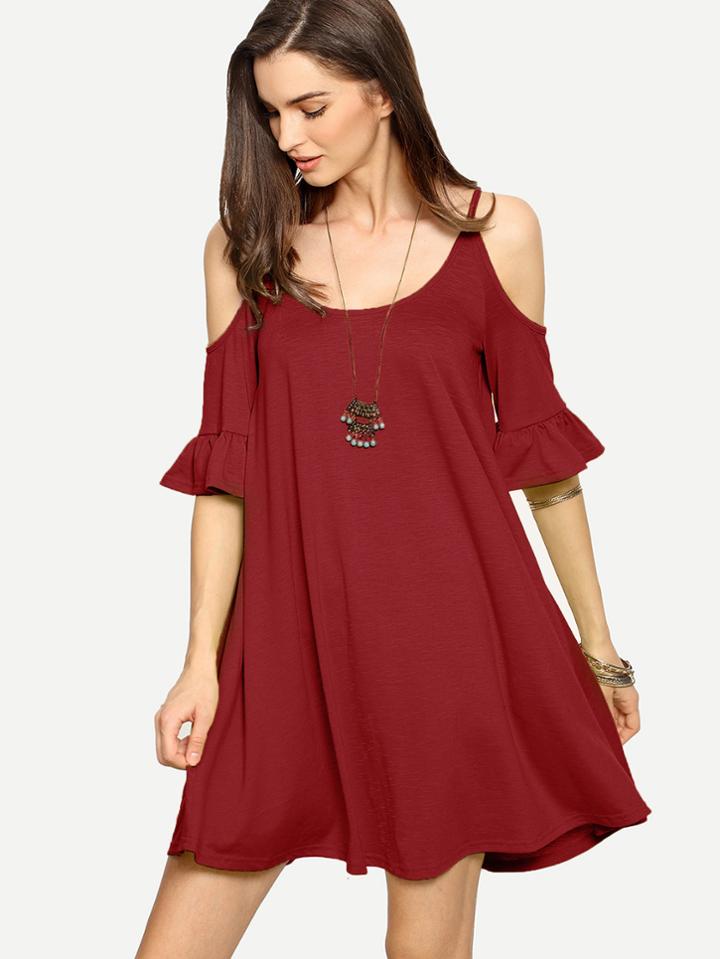 Shein Cold Shoulder Ruffle Cuff Flowy Dress