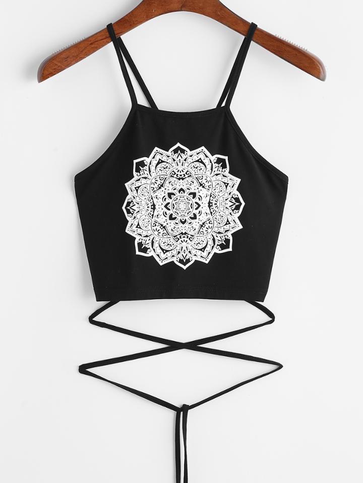 Shein Black Tattoo Print Lace Up Cami Top