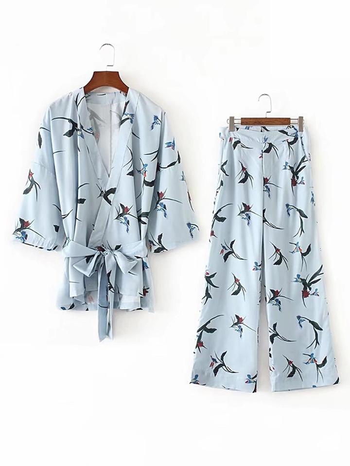 Shein Tie Waist Wrap Top With Wide Leg Pants