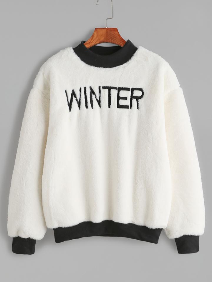 Shein Contrast Ribbed Trim Letter Embroidered Fuzzy Sweatshirt