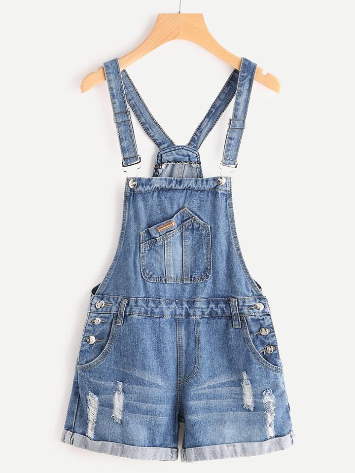 Shein Ripped Rolled Hem Overall Denim Shorts