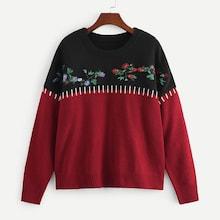 Shein Plus Flower Embroidery Applique Two-tone Sweater