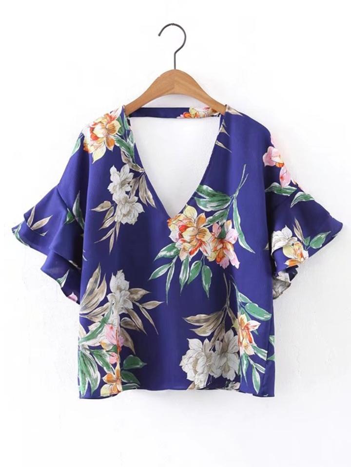 Shein Double V Neck Bell Layered Sleeve Top