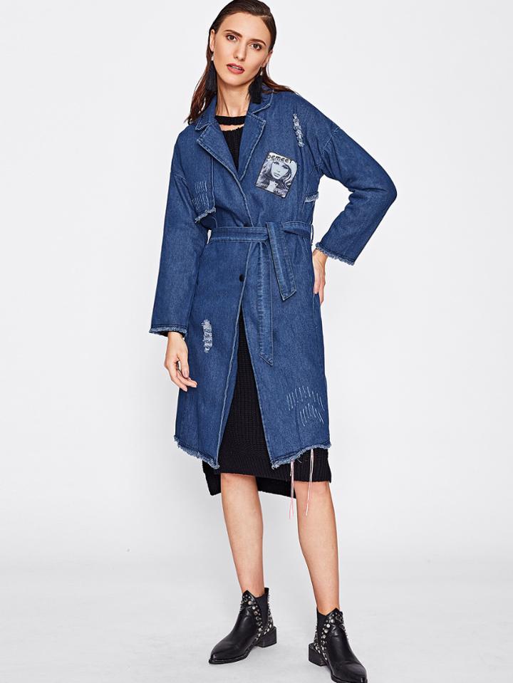 Shein Frayed Hem Denim Trench Coat