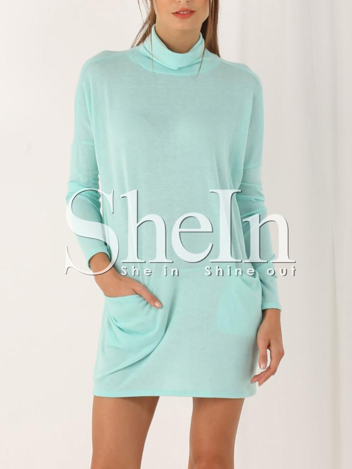 Shein Blue High Neck Pockets Dress
