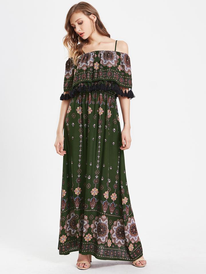 Shein Flower Print Tassel Trim Double Layer Dress