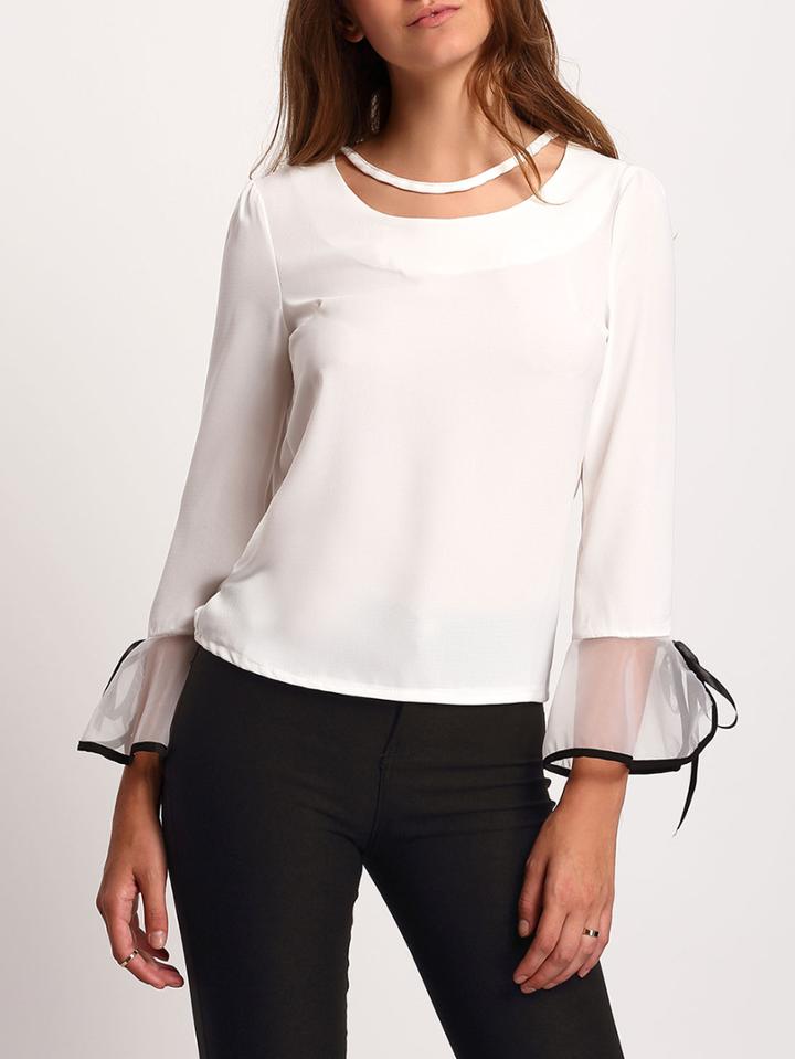 Shein White Bell Sleeve Slim Chiffon Blouse