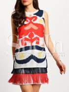 Shein Multicolor Print Sleeveless Fringe Hem Shift Dress