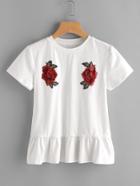 Shein Embroidered Rose Patch Ruffle Hem Tee