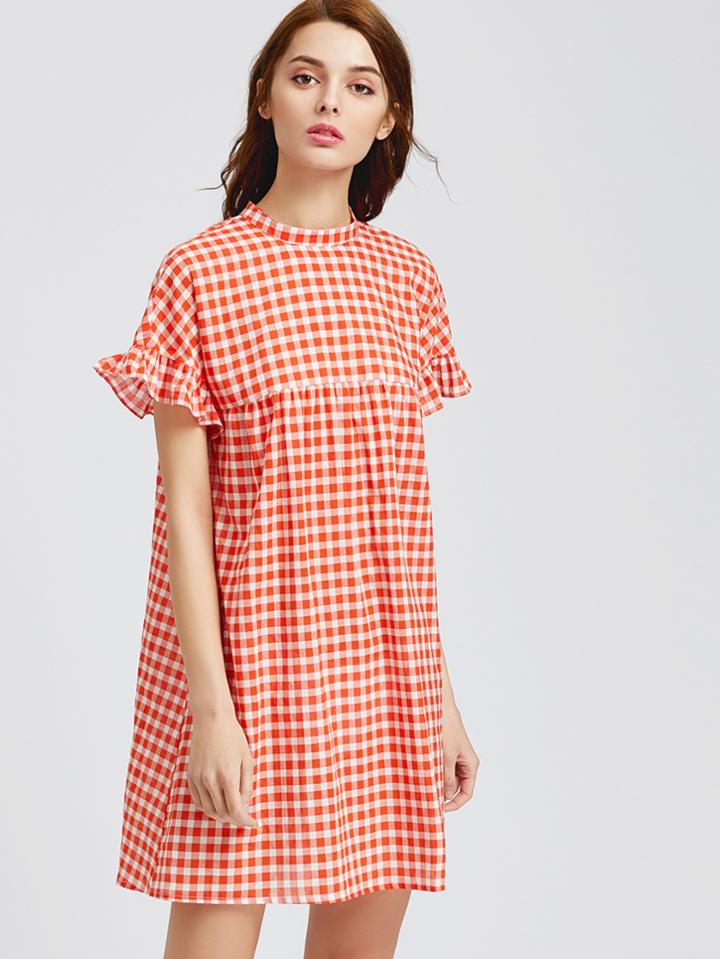 Shein Checkered Ruffle Sleeve Self Tie Keyhole Back  Dress