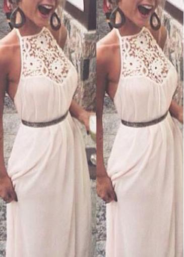 Rosewe Lace Panel Backless White Maxi Dress