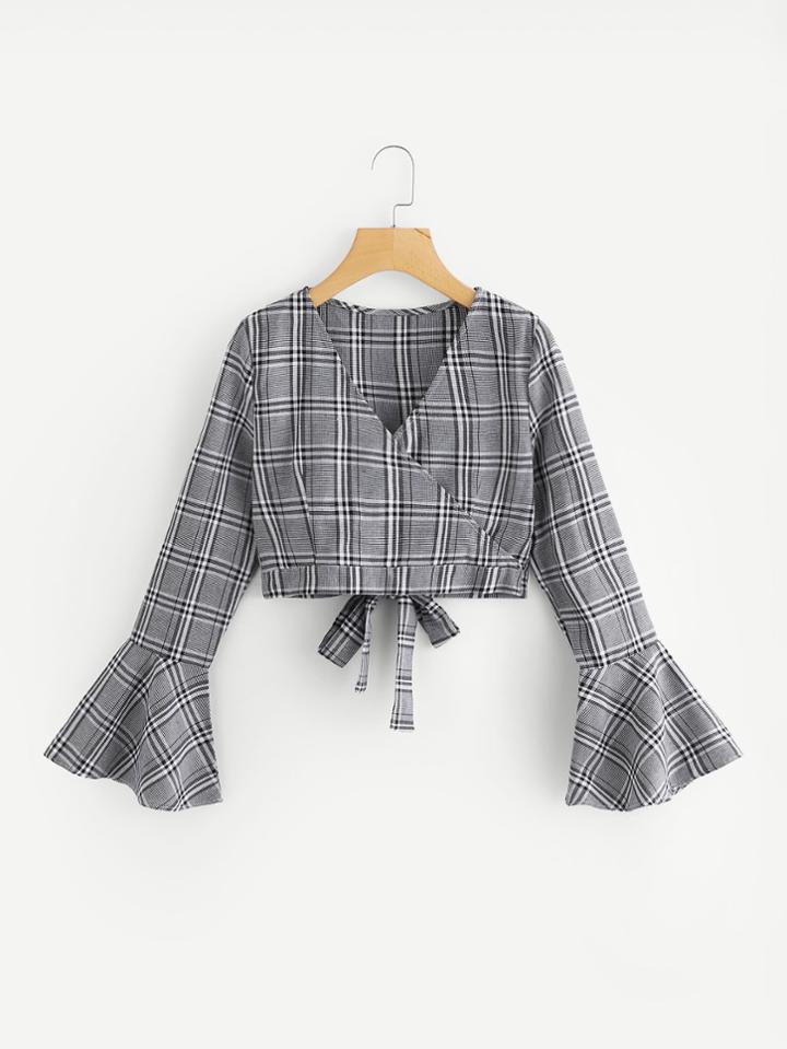 Shein Fluted Sleeve Bow Tie Back Wrap Top