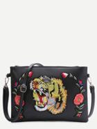Shein Black Tiger Embroidered Patch Faux Leather Shoulder Bag