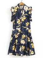Shein Floral Print Frill Trim V Cut Out Back Playsuit
