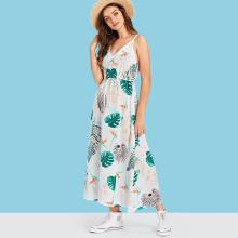 Shein Leaf Print Drawstring Waist Cami Dress