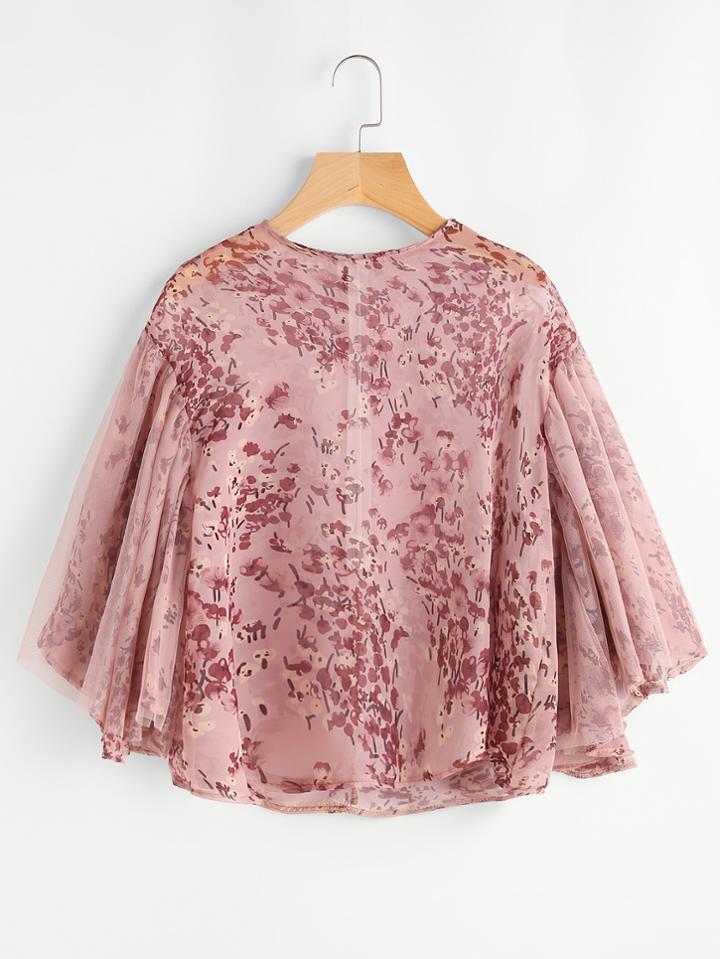 Shein Calico Print Mesh Overlay Sleeve Zipper Back Blouse