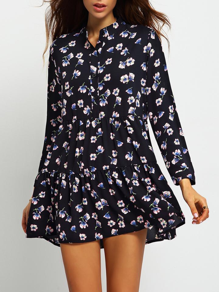 Shein Black Stand Collar Floral Chiffon Dress