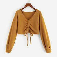 Shein Solid Drawstring Front V Neckline Jumper