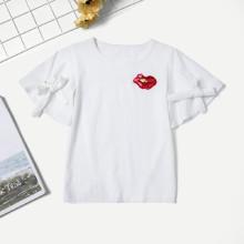 Shein Girls Sequin Hot Lip Knot Detail Tee